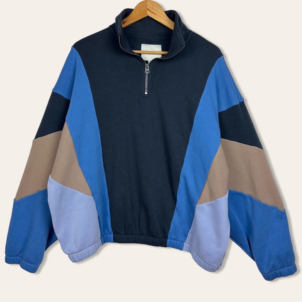 American Eagle Fleece Lined Quarter Zip Cropped Colorblock Pullover Sweatshirt